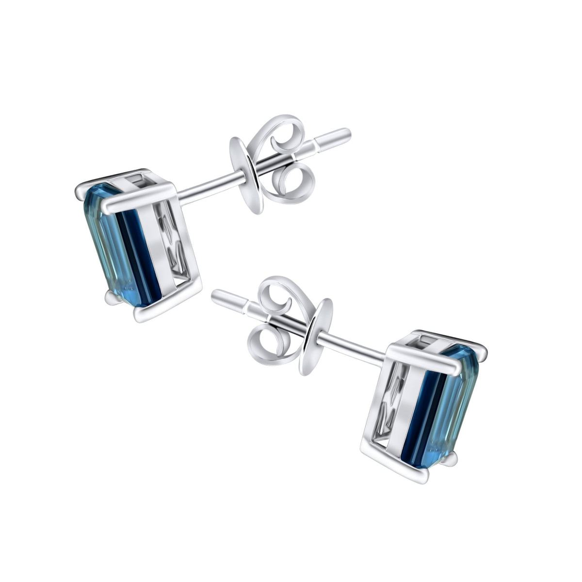 9ct white gold 7x5mm emerald cut Swiss blue topaz stud earrings