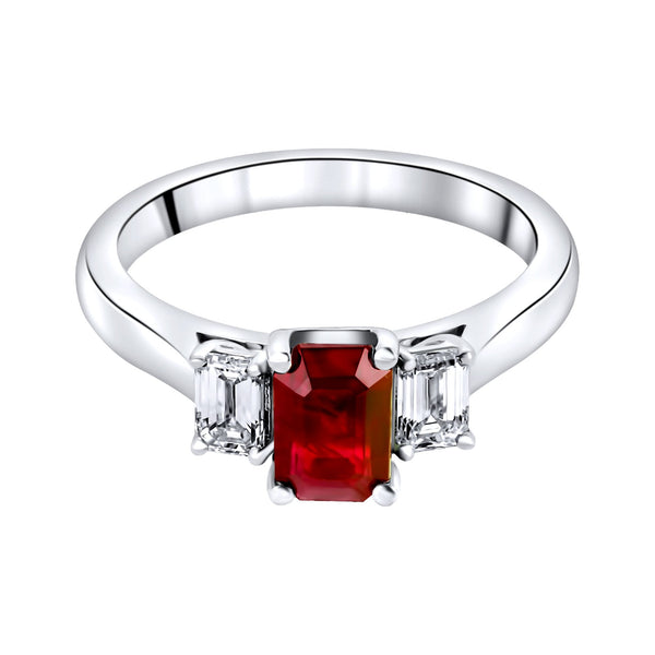 Platinum 1.56ct ruby & 0.52ct diamond 3 stone ring