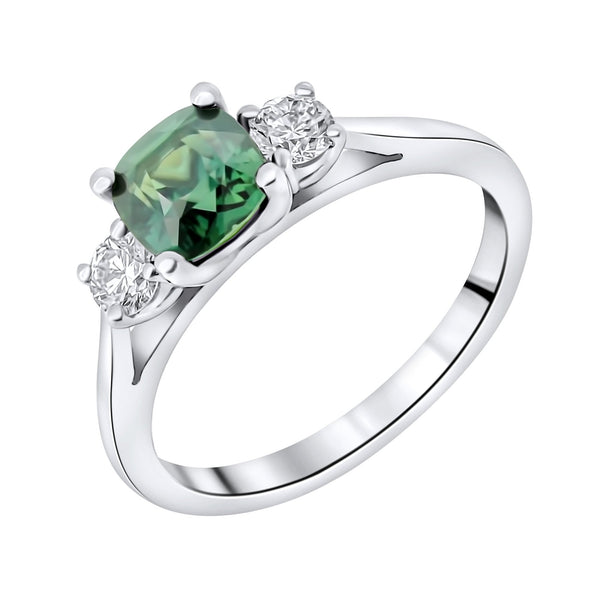Platinum 1.22ct teal sapphire & 0.29ct diamond 3 stone ring
