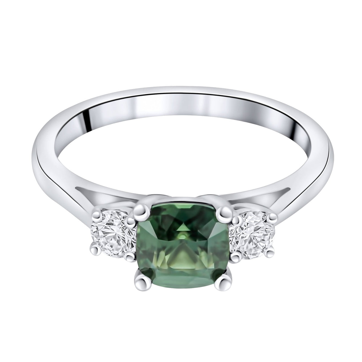 Platinum 1.22ct teal sapphire & 0.29ct diamond 3 stone ring