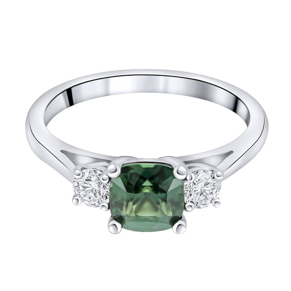 Platinum 1.22ct teal sapphire & 0.29ct diamond 3 stone ring