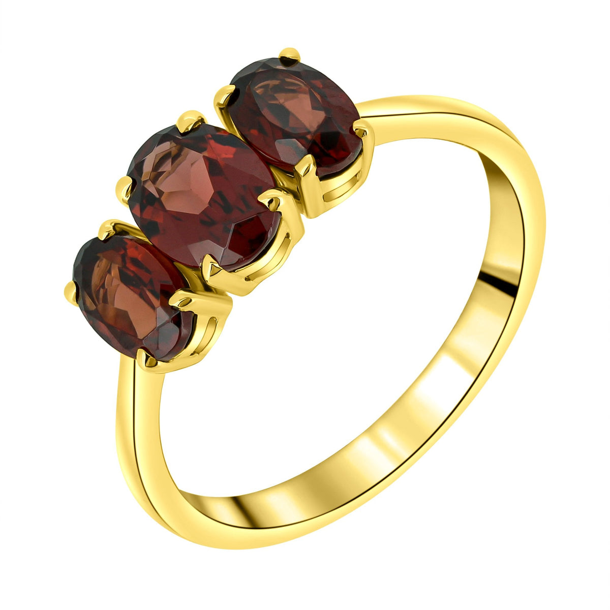 9ct yellow gold 7x5mm & 6x4mm garnet 3 stone ring