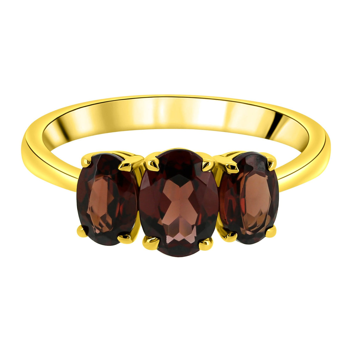 9ct yellow gold 7x5mm & 6x4mm garnet 3 stone ring