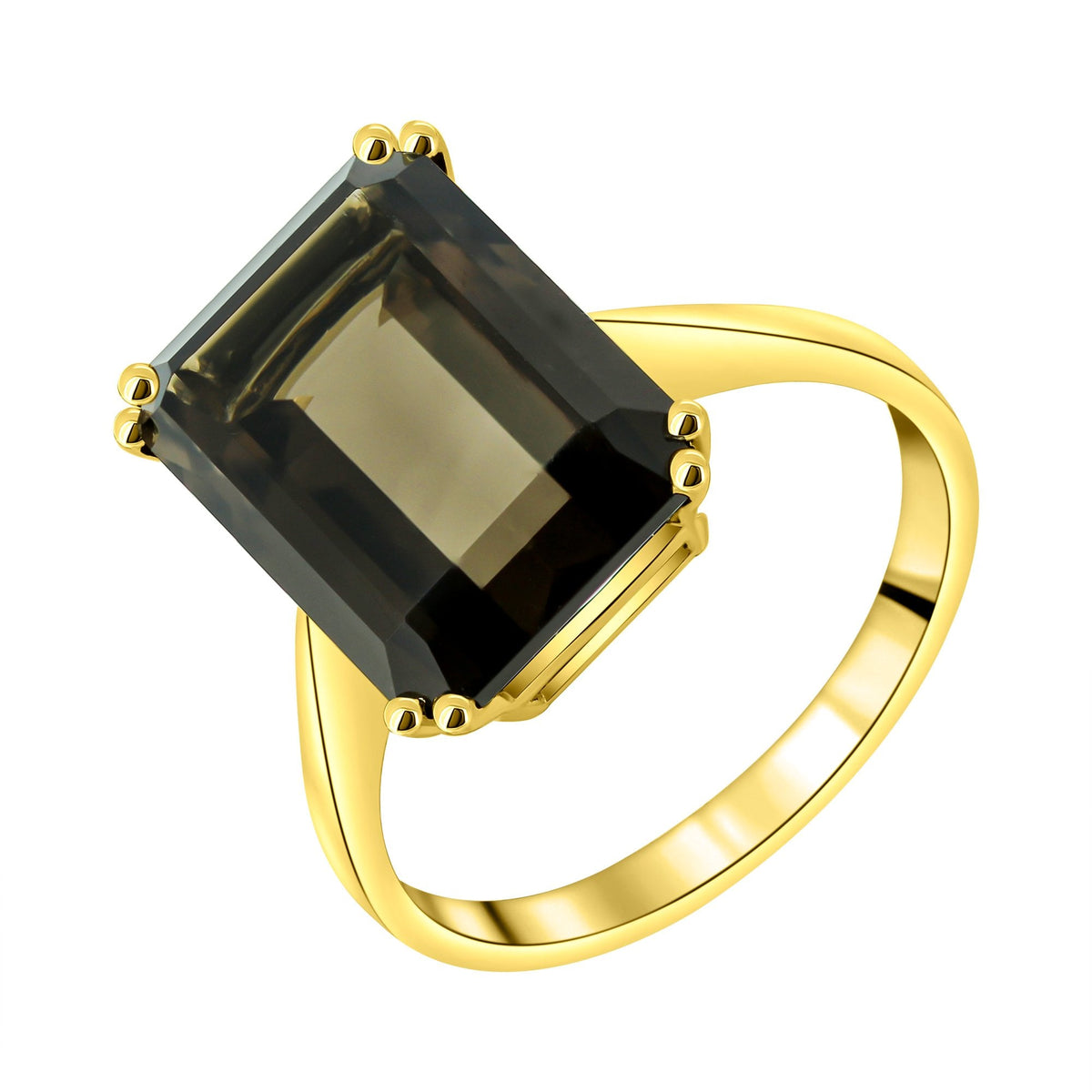 9ct yellow gold 14x10mm emerald cut smoky quartz ring