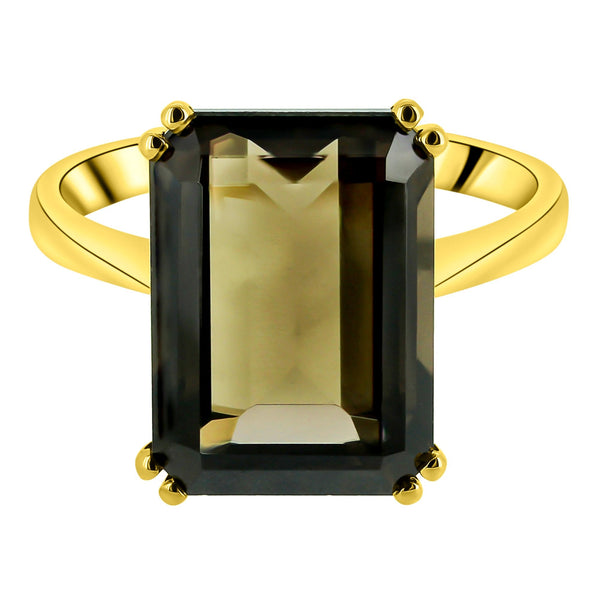 9ct yellow gold 14x10mm emerald cut smoky quartz ring