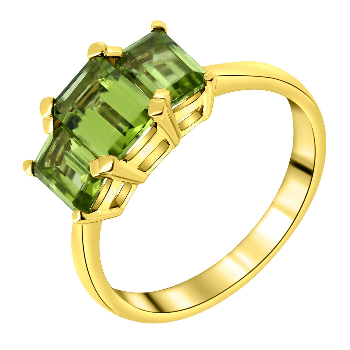 9ct yellow gold 7x5mm & 6x4mm peridot 3 stone ring