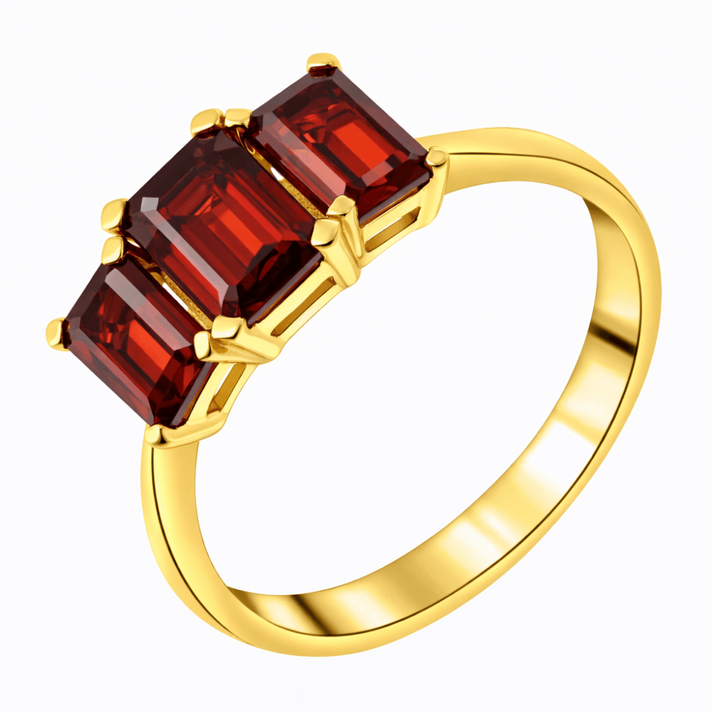 9ct yellow gold 7x5mm & 6x4mm garnet 3 stone ring
