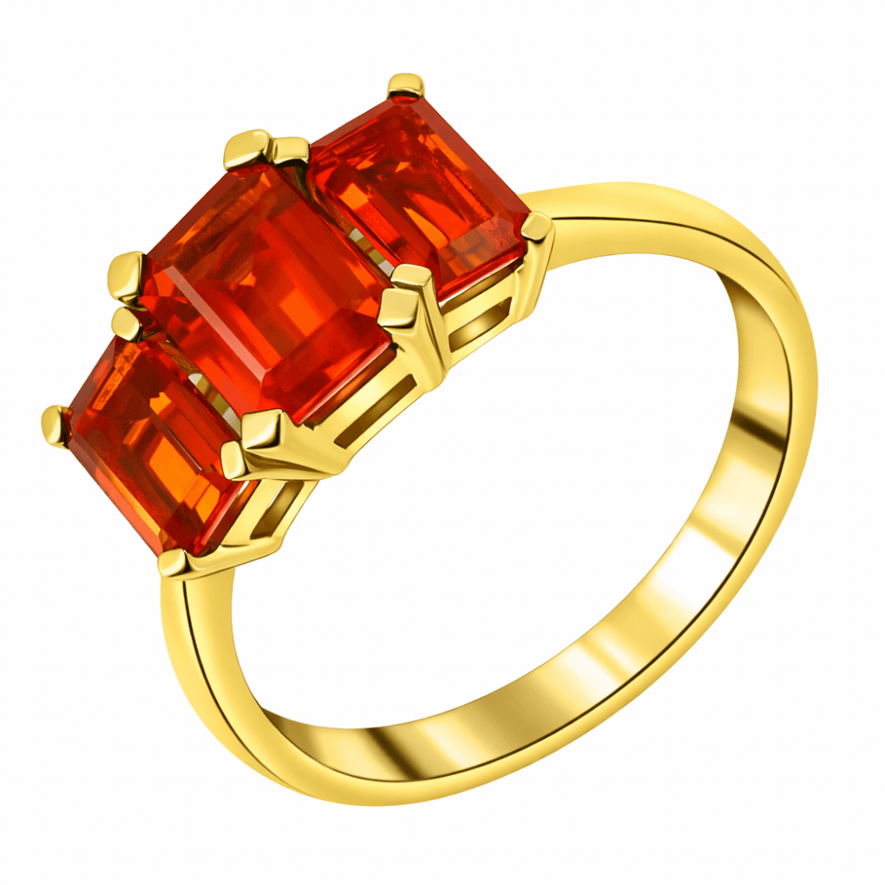 9ct yellow gold 7x5mm 6x4mm fire opal 3 stone ring
