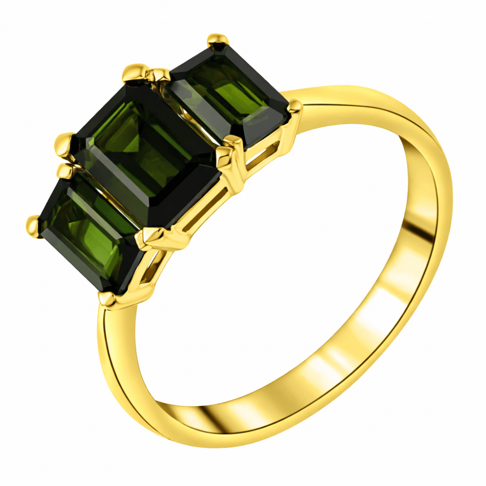 9ct yellow gold 7x5mm & 6x4mm green tourmaline 3 stone ring