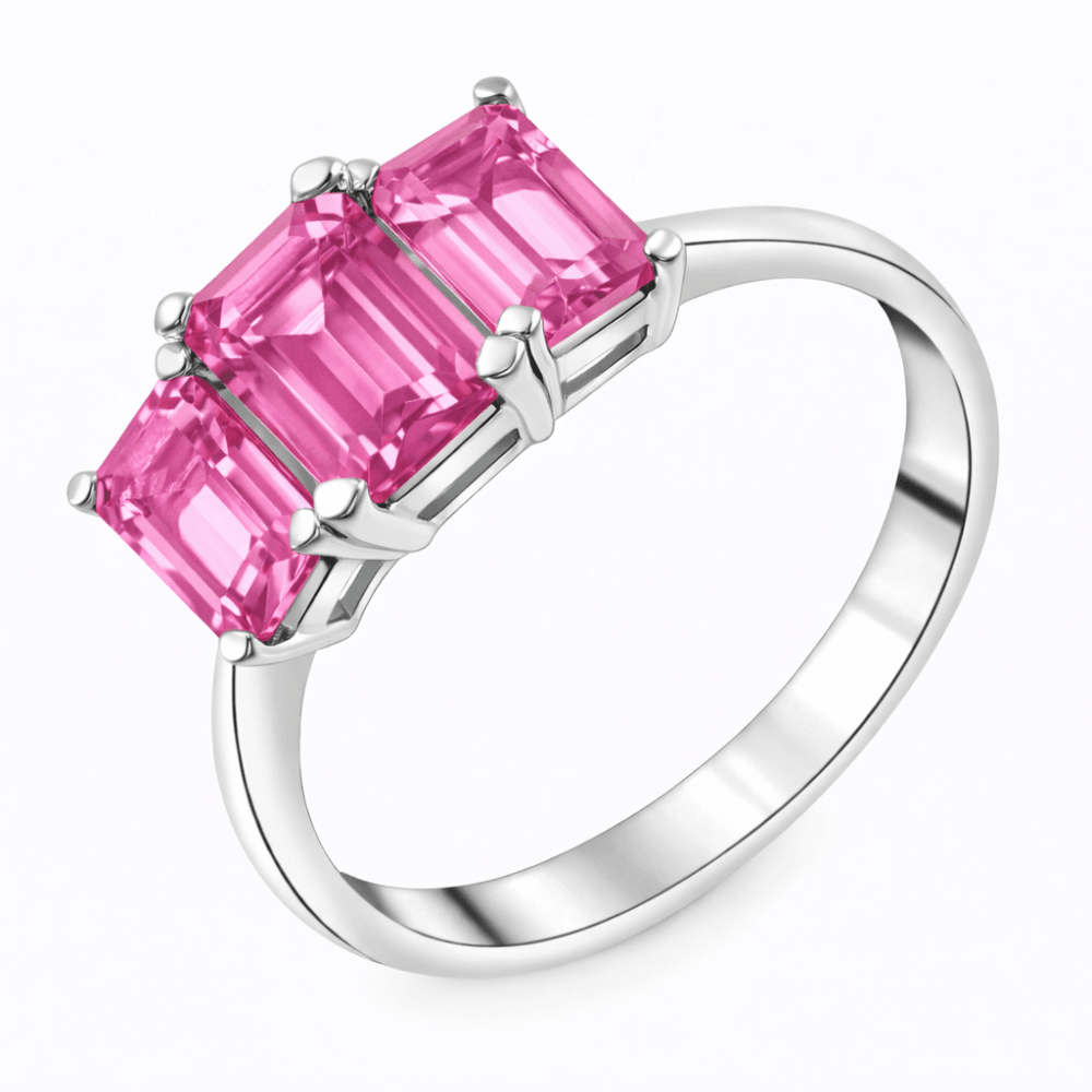 9ct white gold 7x5mm & 6x4mm pink topaz 3 stone ring