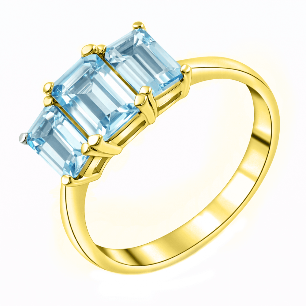 9ct yellow gold 7x5mm & 6x4mm aquamarine 3 stone ring