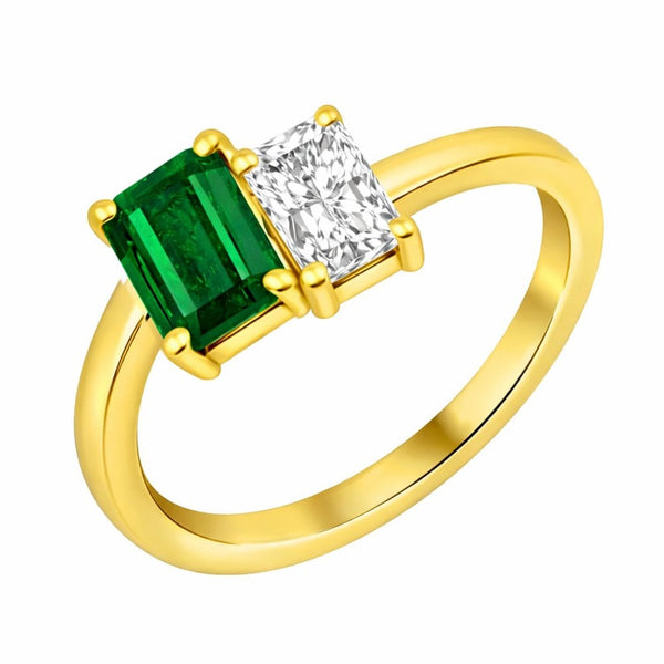 18ct yellow gold 0.54ct emerald 0.60ct GIA diamond 2 stone ring