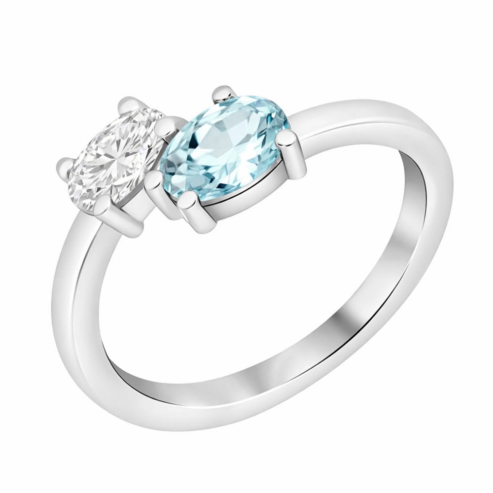 Platinum 0.42ct aquamarine & 0.33ct GIA diamond 2 stone ring