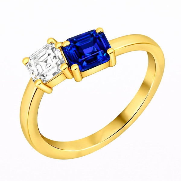 18ct yellow gold 0.61ct sapphire 0.53ct GIA diamond 2 stone ring