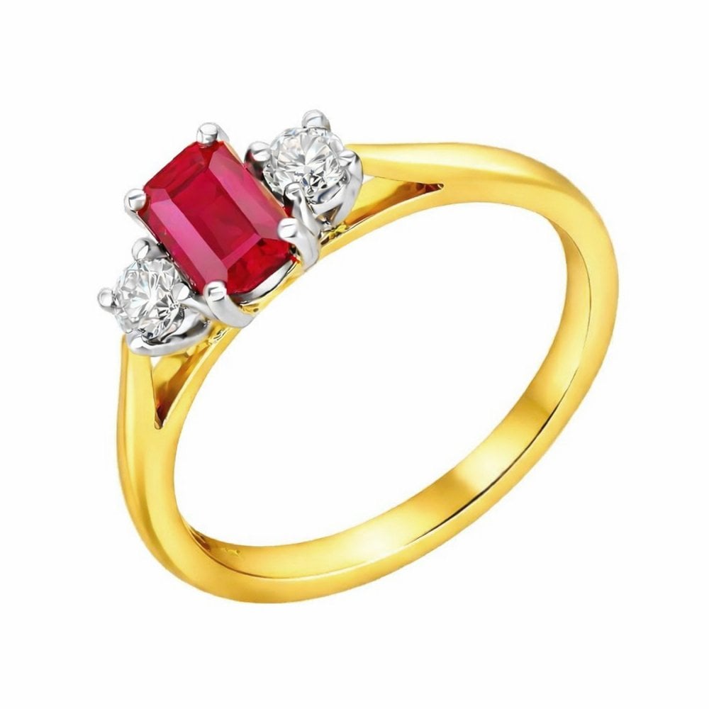 18ct yellow gold 0.60ct ruby & 0.20ct diamond 3 stone ring