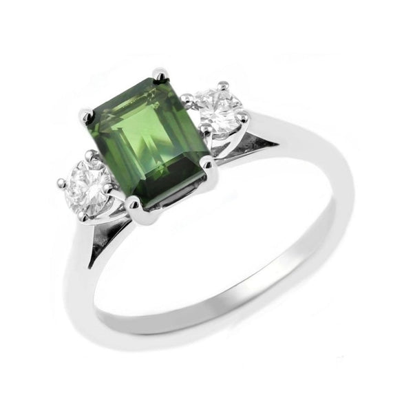 Platinum 1.14ct green sapphire & 0.30ct diamond 3 stone ring