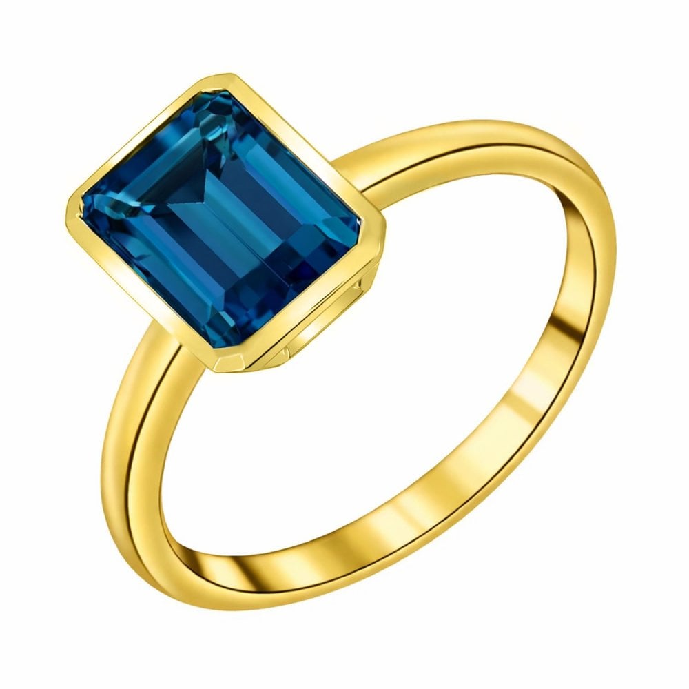 9ct yellow gold 8mm x 6mm London blue topaz ring