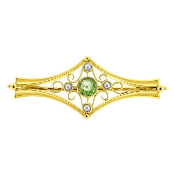 Preowned 15ct yellow gold peridot & pearl brooch