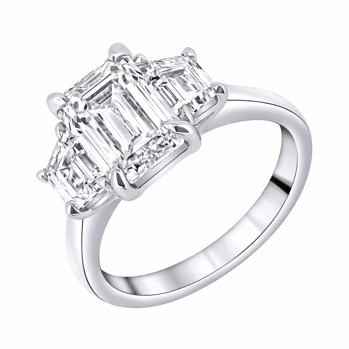 Lab grown platinum 4.16ct emerald & trapeze diamond 3 stone ring