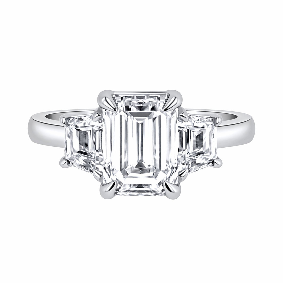 Lab grown platinum 4.16ct emerald & trapeze diamond 3 stone ring