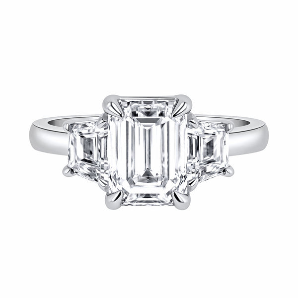 Lab grown platinum 4.16ct emerald & trapeze diamond 3 stone ring
