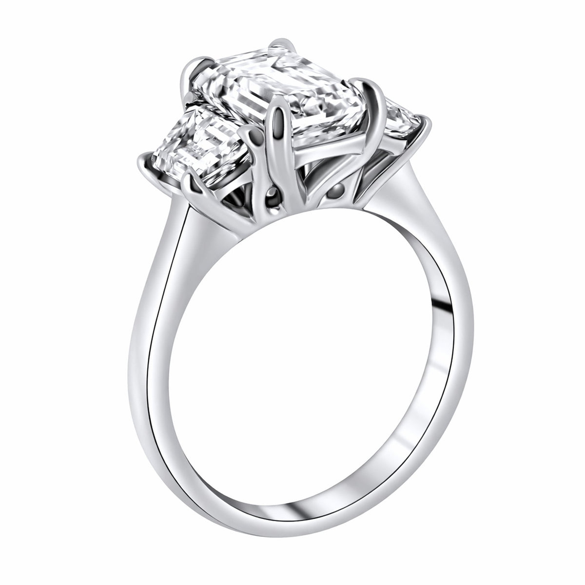 Lab grown platinum 4.13ct emerald & trapeze diamond 3 stone ring