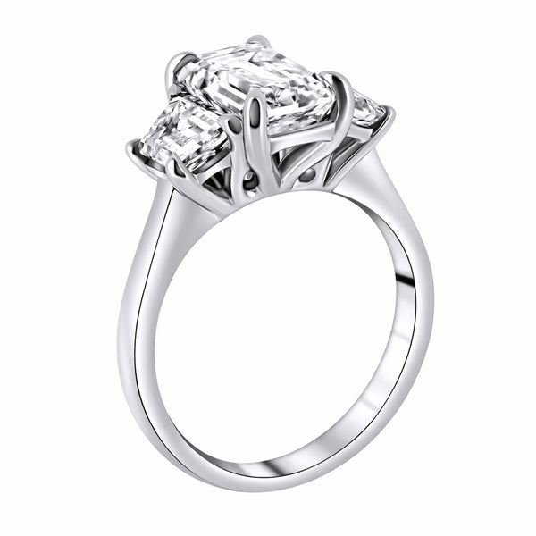 Lab grown platinum 4.13ct emerald & trapeze diamond 3 stone ring
