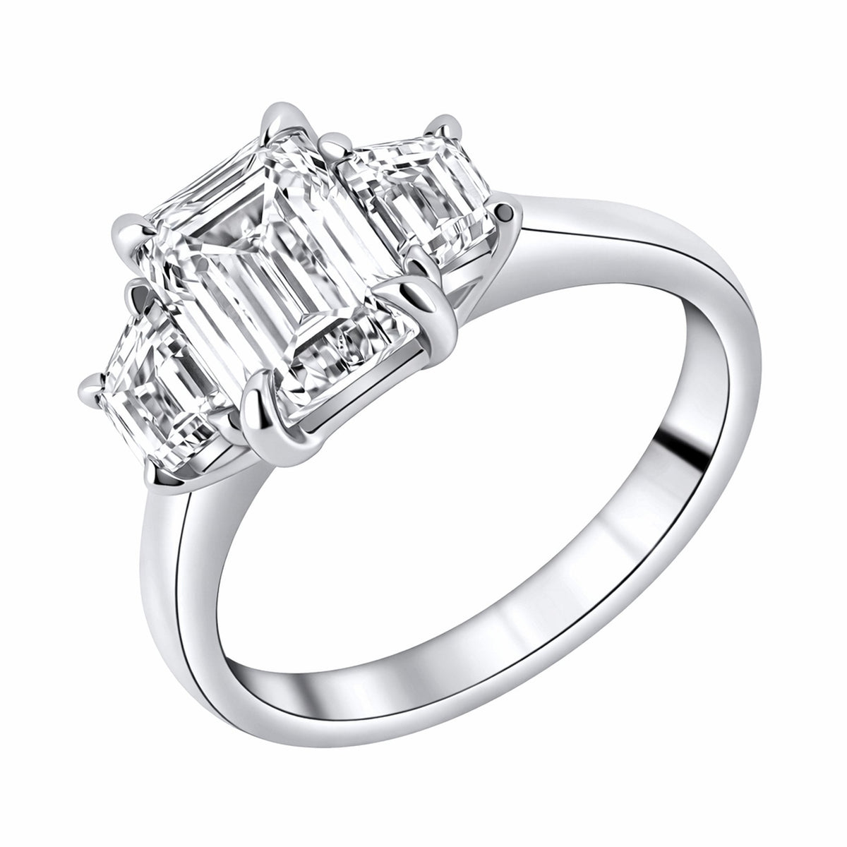 Lab grown platinum 2.88ct emerald & trapeze diamond 3 stone ring