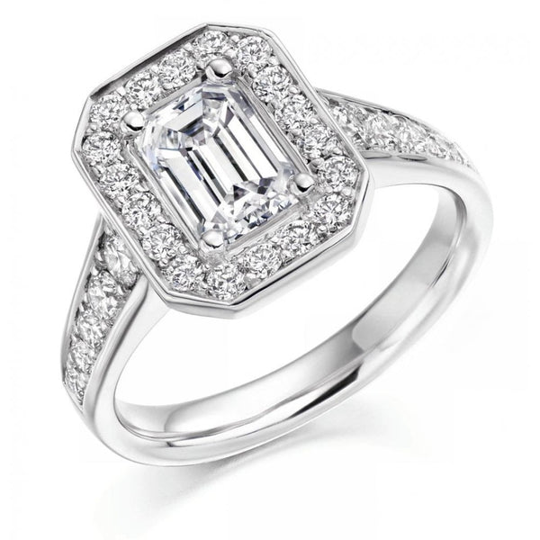 Platinum 1.50ct D VS2 GIA emerald cut diamond halo ring