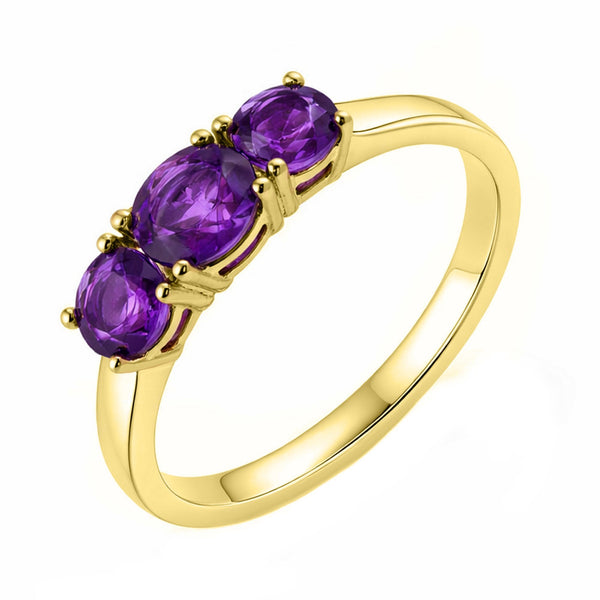 9ct yellow gold 5mm & 4mm round amethyst 3 stone ring