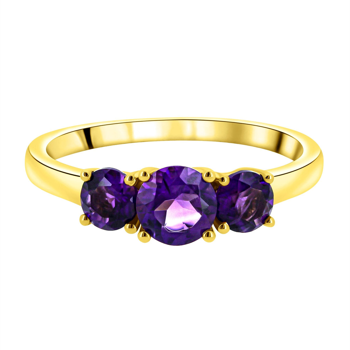 9ct yellow gold 5mm & 4mm round amethyst 3 stone ring