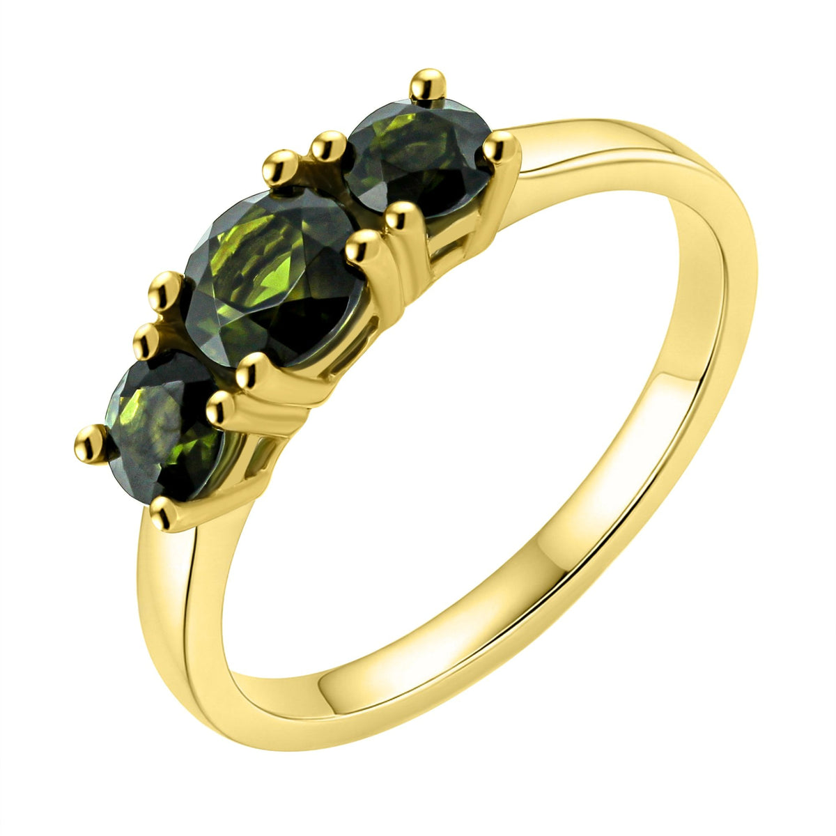 9ct yellow gold 5mm & 4mm round green tourmaline 3 stone ring