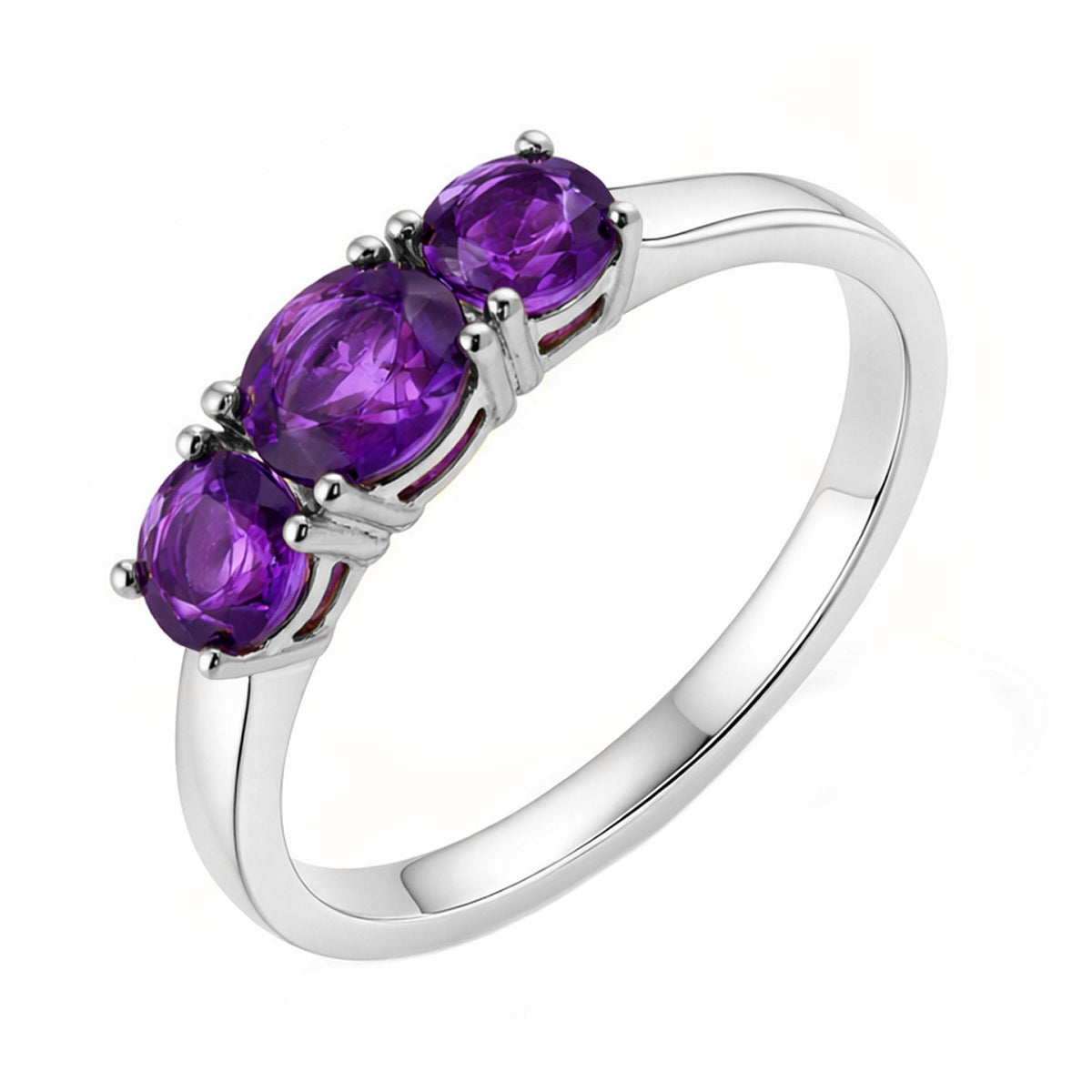 9ct white gold graduating amethyst 3 stone ring