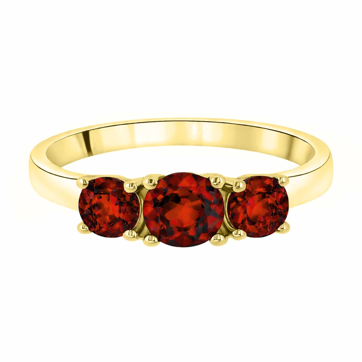 9ct yellow gold 5mm & 4mm round garnet 3 stone ring