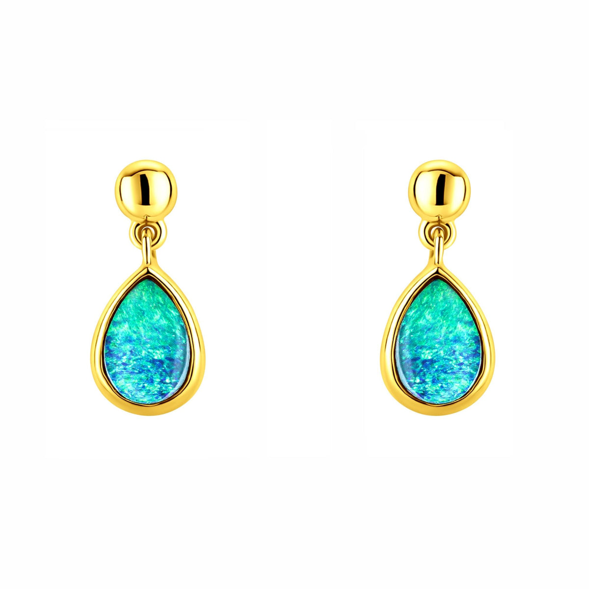 9ct yellow gold 7x5mm pear Australian opal doublet drop earrings