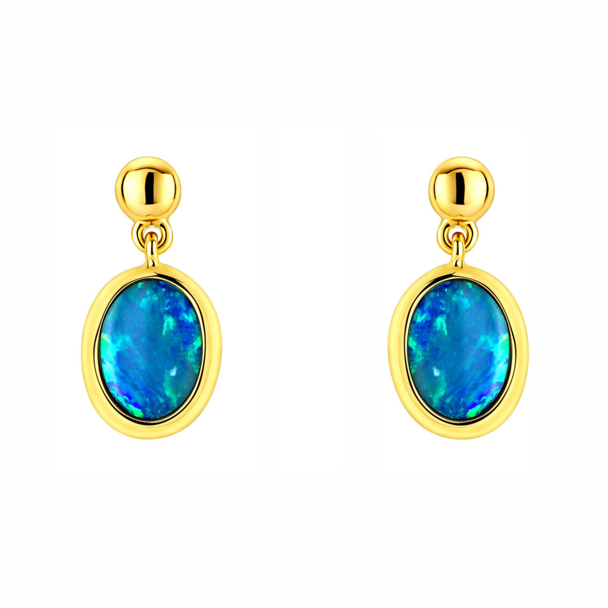 9ct yellow gold 8x6mm oval Australian opal doublet drop earrings