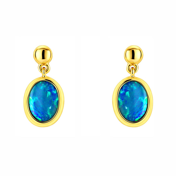 9ct yellow gold 8x6mm oval Australian opal doublet drop earrings