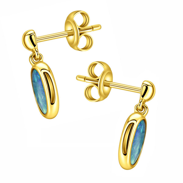 9ct yellow gold 8x6mm oval Australian opal doublet drop earrings