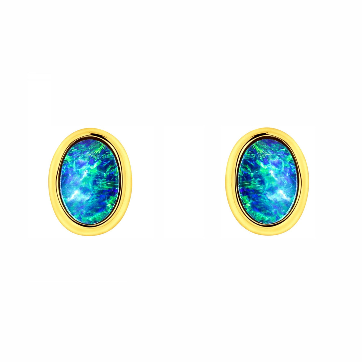 9ct yellow gold 8x6mm oval Australian opal doublet stud earrings