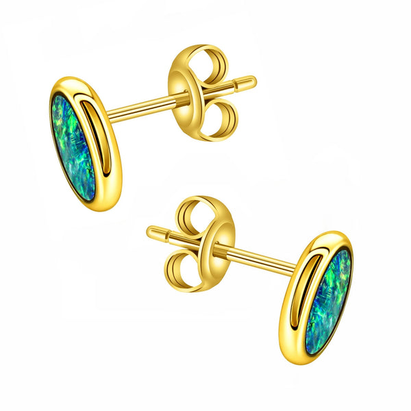 9ct yellow gold 8x6mm oval Australian opal doublet stud earrings