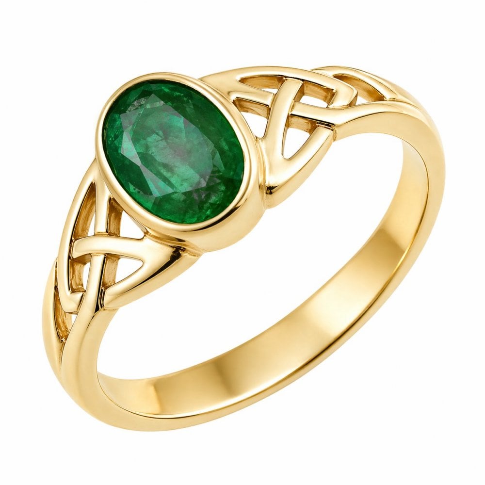 9ct yellow gold 7x5mm emerald Celtic design ring