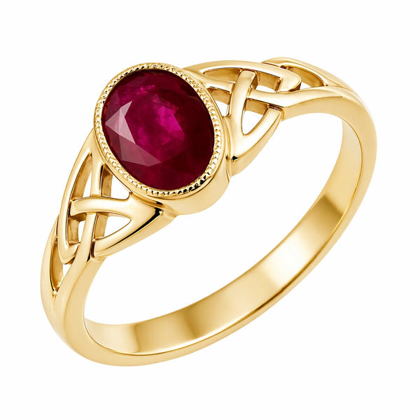 9ct yellow gold 7x5mm ruby Celtic design ring