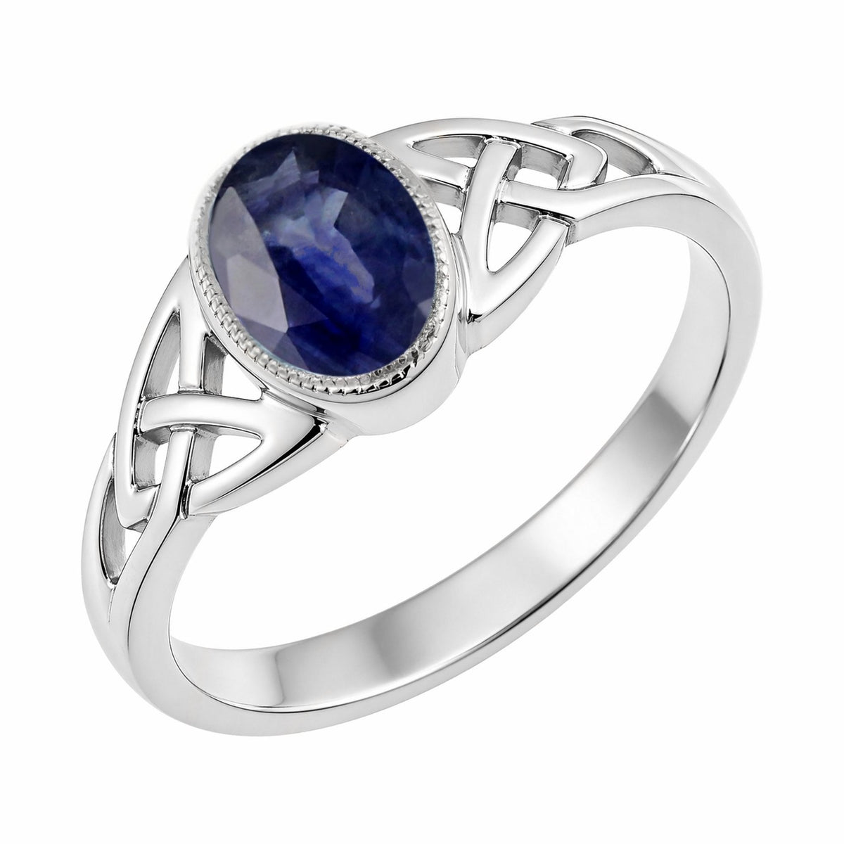 9ct white gold 7x5mm sapphire Celtic design ring