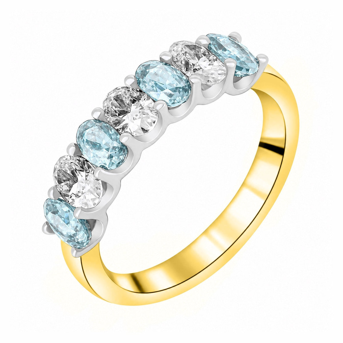 18ct yellow gold 1.00ct aquamarine 0.75ct diamond 7 stone ring