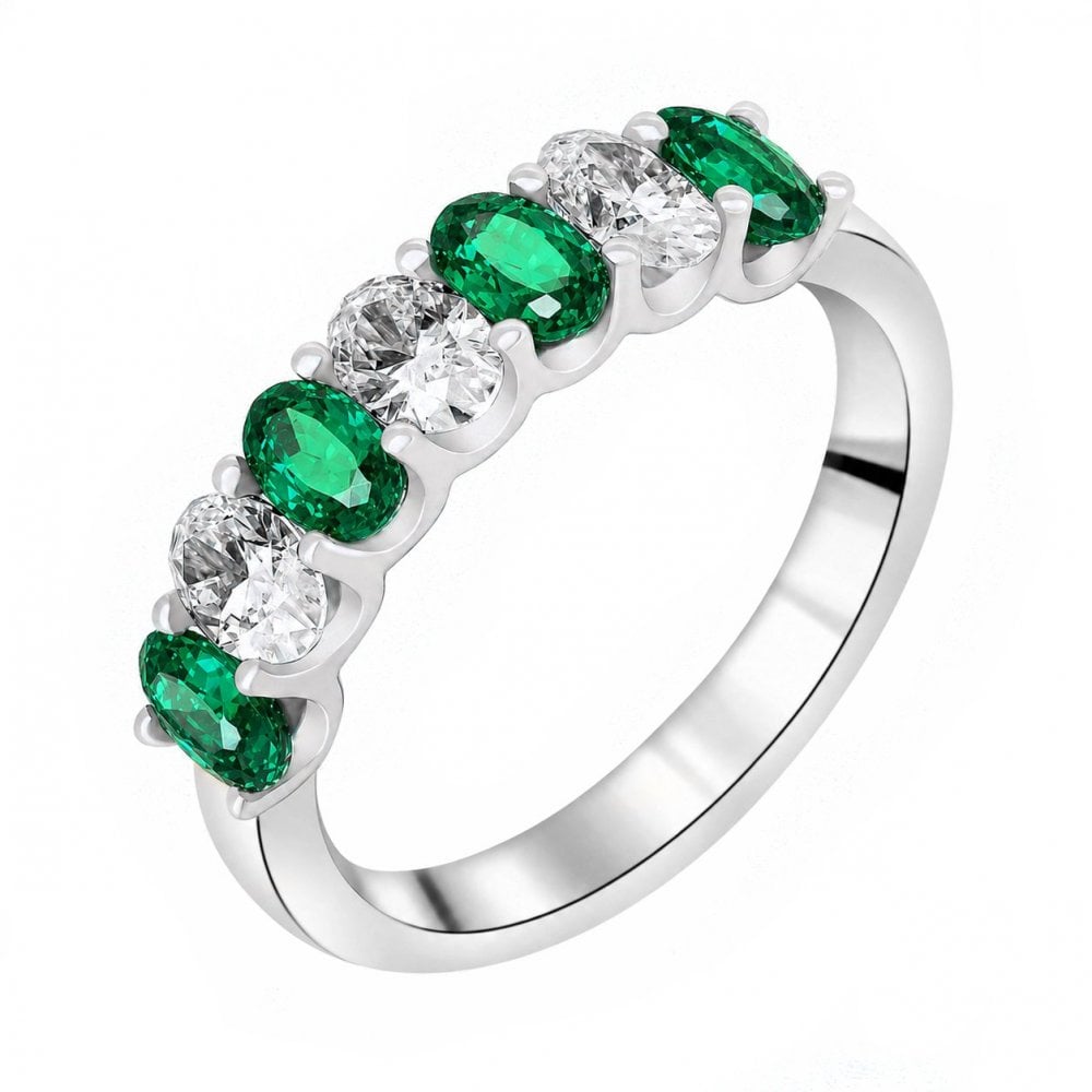 Platinum 0.89ct emerald & 0.75ct diamond 7 stone ring