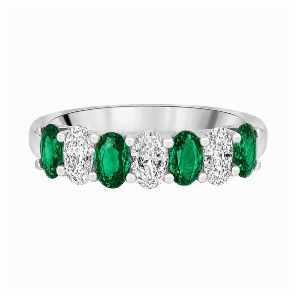 Platinum 0.89ct emerald & 0.75ct diamond 7 stone ring