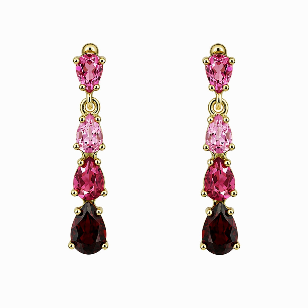 9ct yellow gold pink tourmaline & garnet 4 stone drop earrings