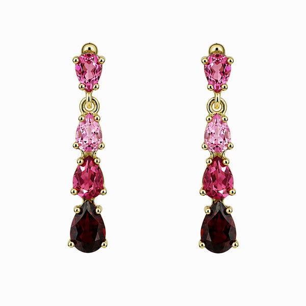 9ct yellow gold pink tourmaline & garnet 4 stone drop earrings