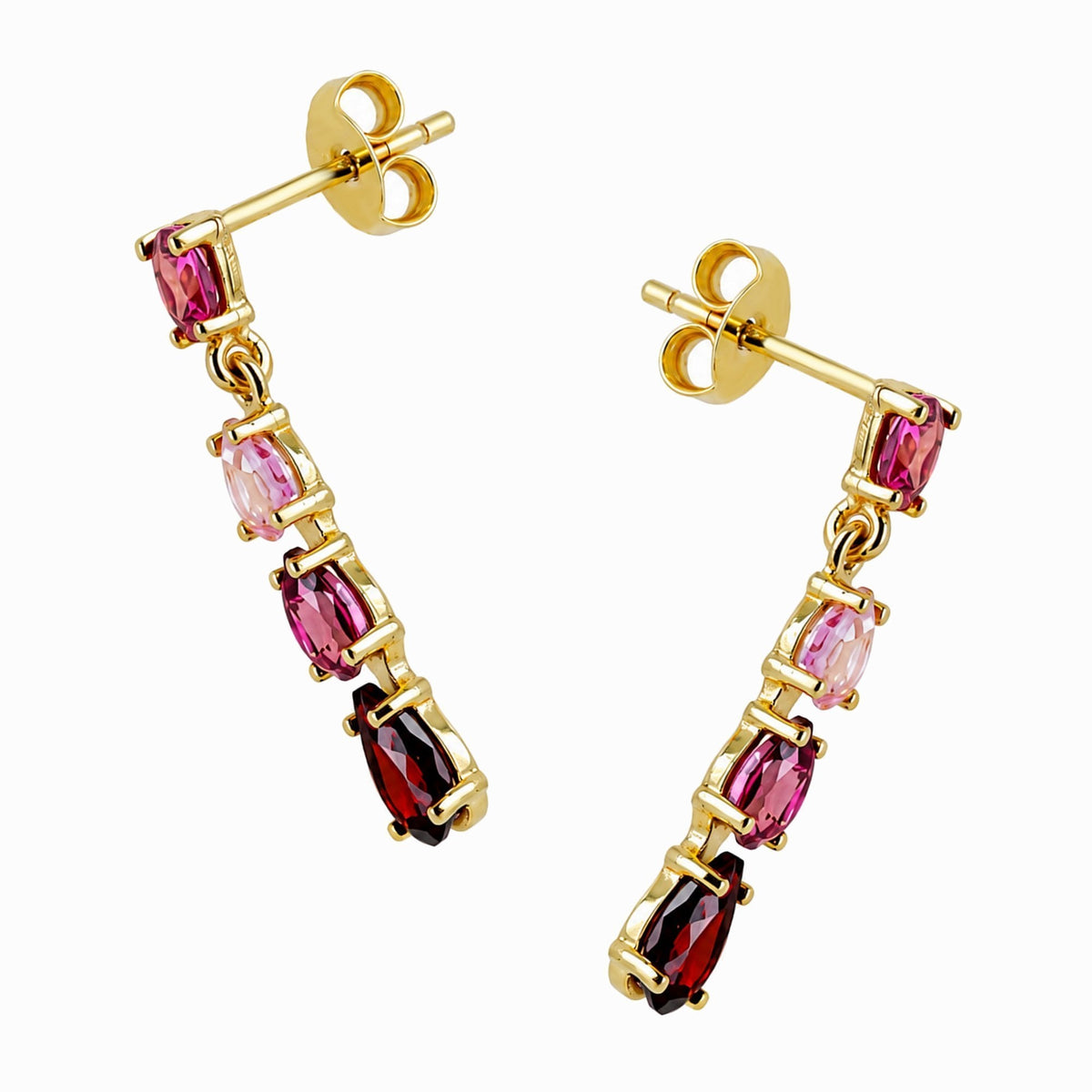9ct yellow gold pink tourmaline & garnet 4 stone drop earrings