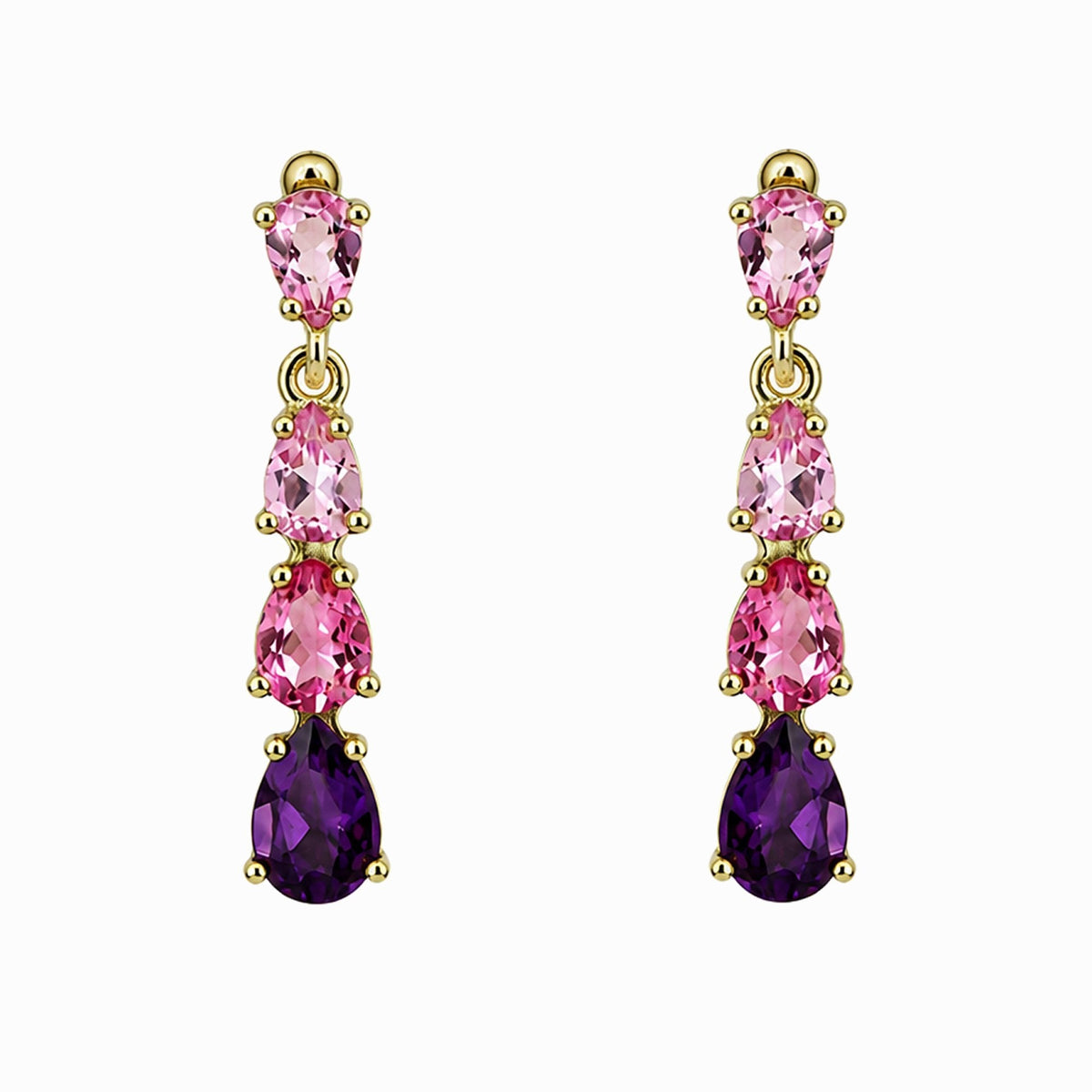 9ct yellow gold pink tourmaline & amethyst 4 stone drop earrings